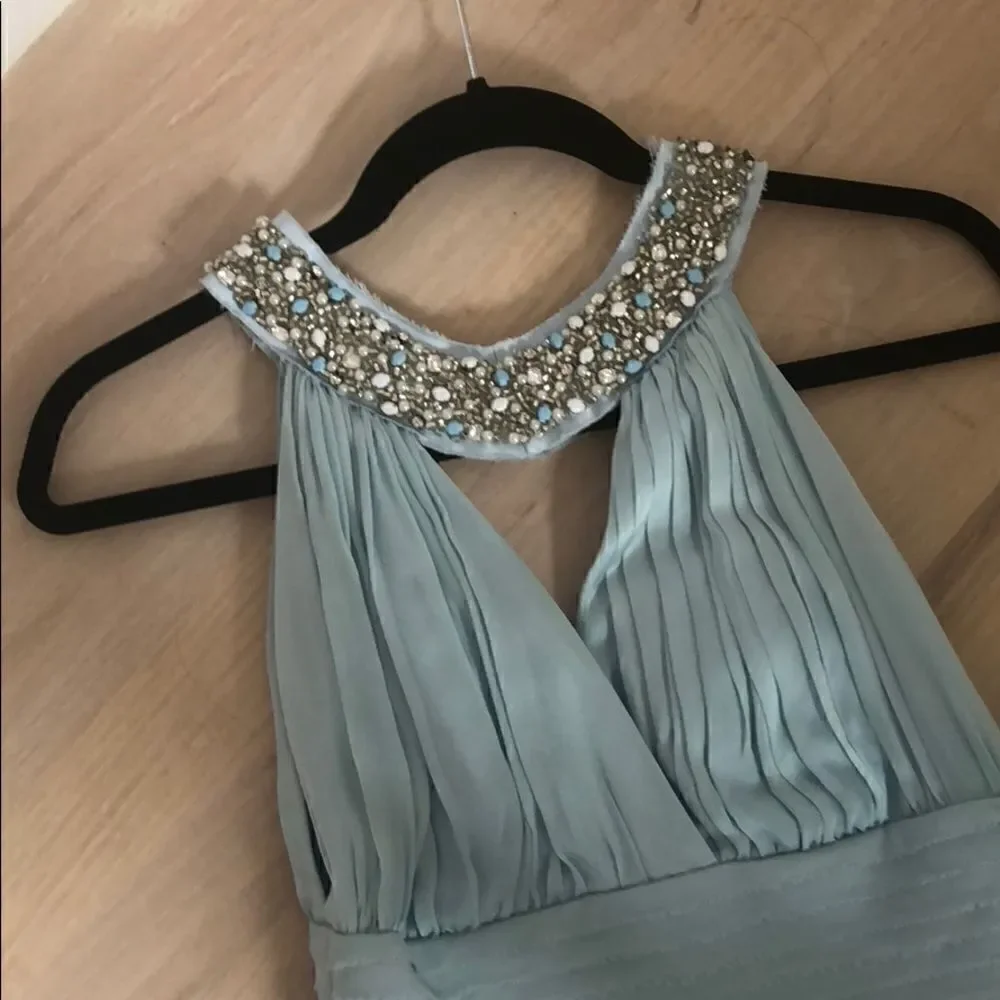 Silk & Beaded Halter Dress - Light Blue